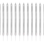 Row of silver candles with white handles on a white background.