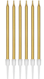 Set of six gold-colored candles with white handles on a white background