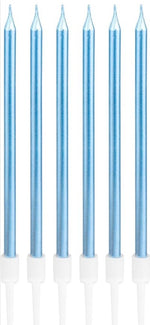 Set of six blue birthday candles with white bases on a white background.