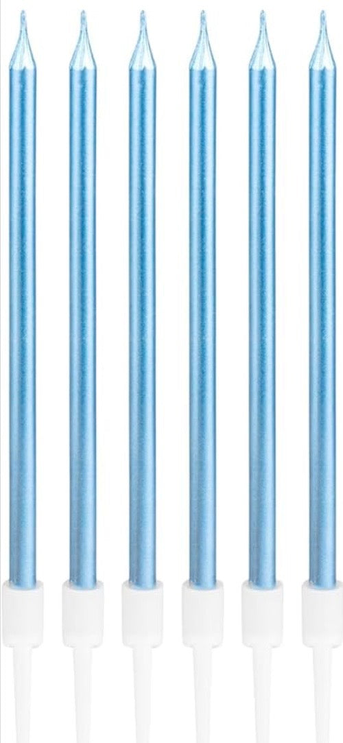 Set of six blue birthday candles with white bases on a white background.