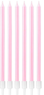 Set of six pink candles with white bases on a white background